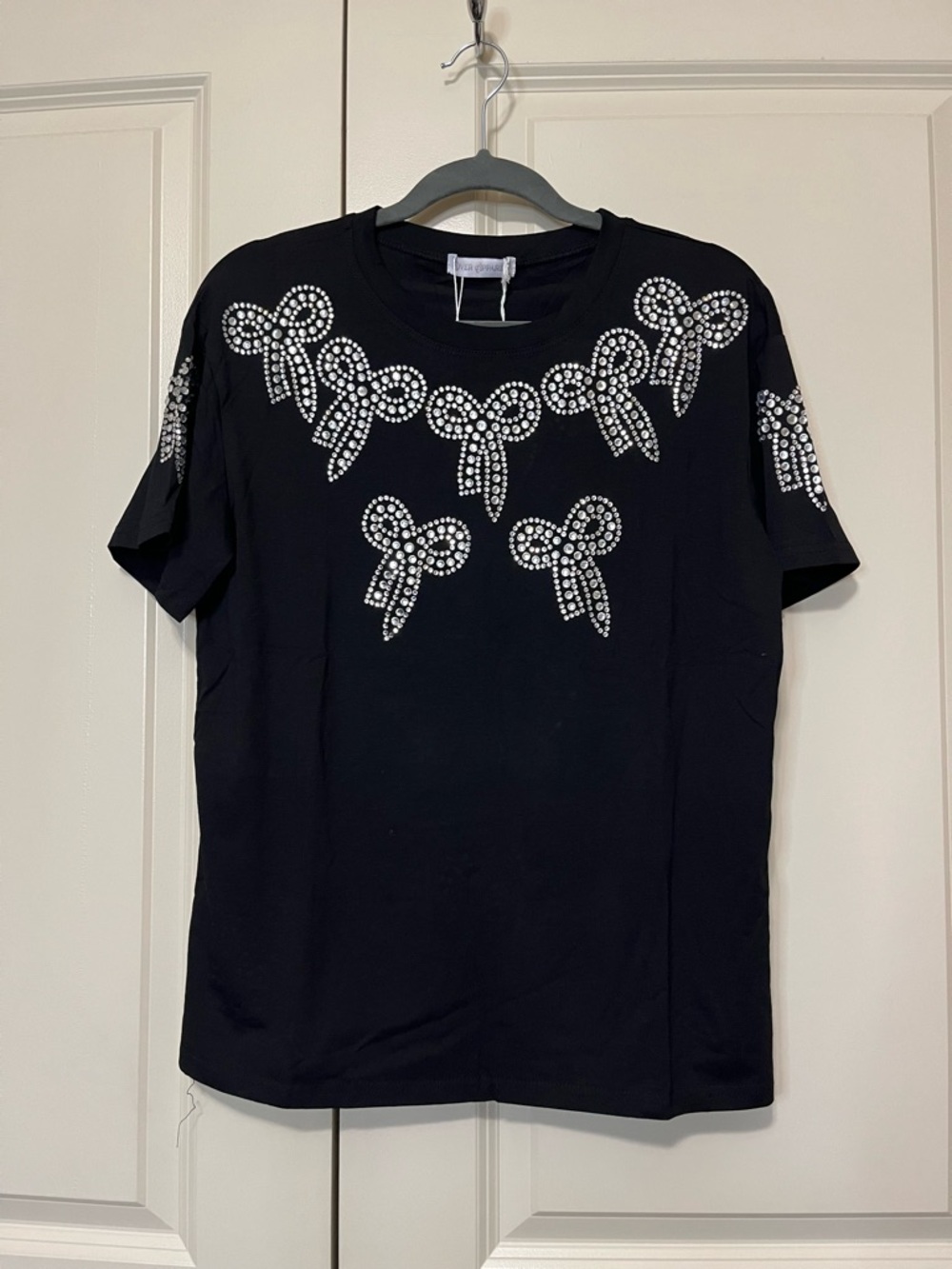 Black Short Sleeve Women’s Tee with Crystal Bow Accents